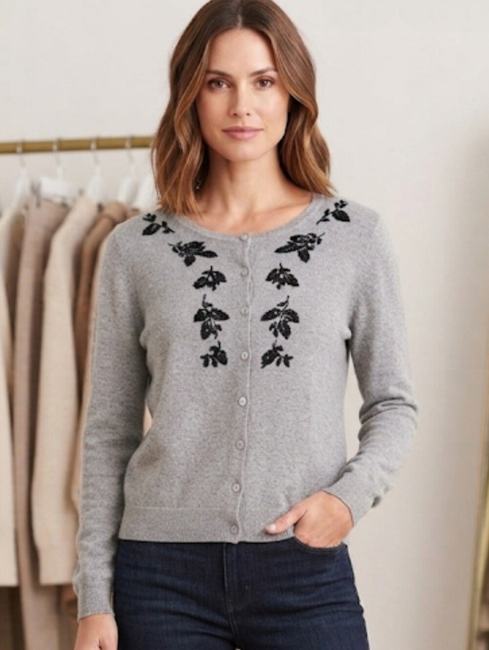 Outfit JPR Gray Beaded Floral Button Down Cardigan Grandma Sweater Size Large